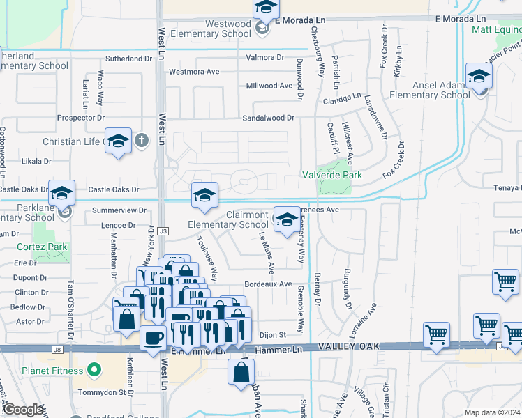 map of restaurants, bars, coffee shops, grocery stores, and more near 2098 Pyrenees Avenue in Stockton