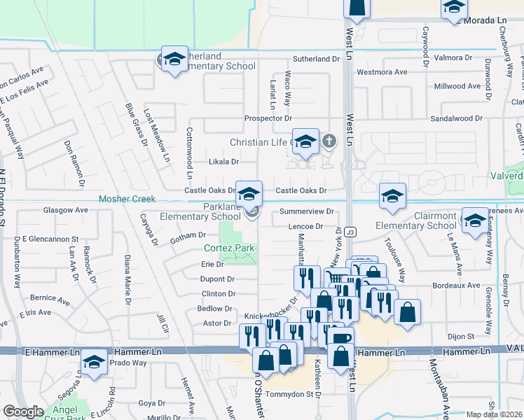 map of restaurants, bars, coffee shops, grocery stores, and more near 8438 Tam O'Shanter Drive in Stockton