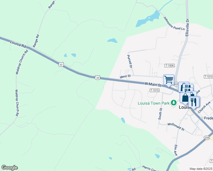 map of restaurants, bars, coffee shops, grocery stores, and more near 440 West Main Street in Louisa