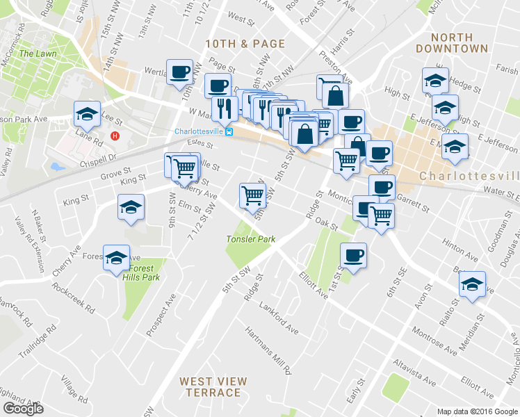 map of restaurants, bars, coffee shops, grocery stores, and more near 337 6th Street Southwest in Charlottesville