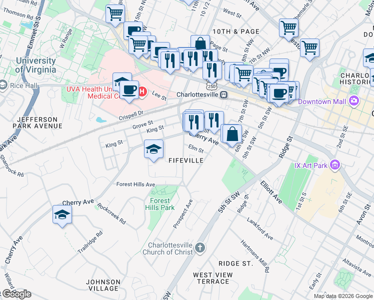map of restaurants, bars, coffee shops, grocery stores, and more near 800 Elm Street in Charlottesville