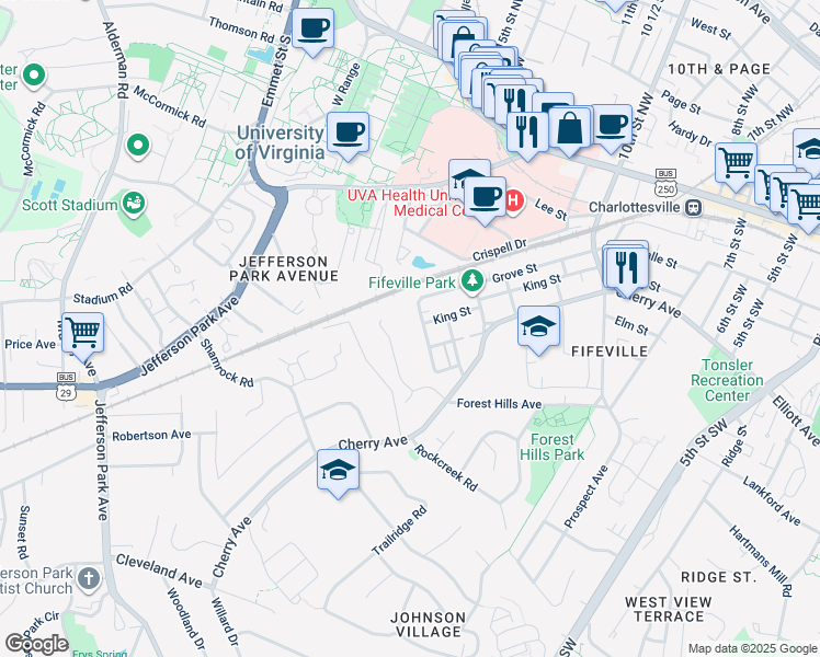 map of restaurants, bars, coffee shops, grocery stores, and more near 305 Paton Street in Charlottesville