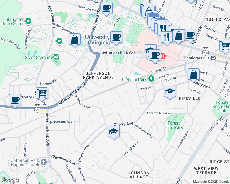 map of restaurants, bars, coffee shops, grocery stores, and more near 301 Valley Road Extension in Charlottesville