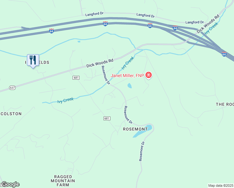 map of restaurants, bars, coffee shops, grocery stores, and more near 285 Rosemont Drive in Charlottesville
