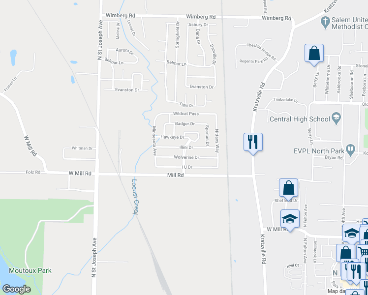 map of restaurants, bars, coffee shops, grocery stores, and more near 5298 Big 10 Boulevard in Evansville