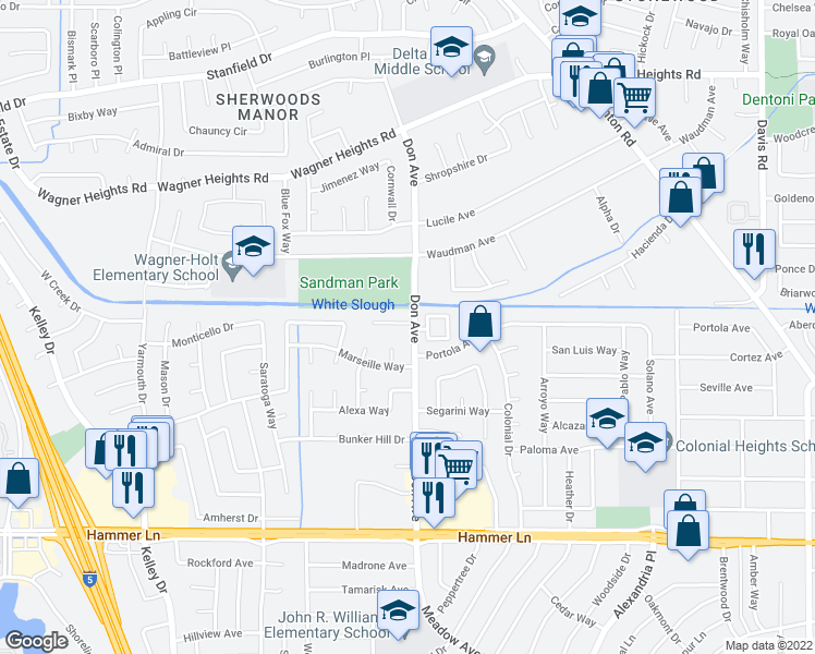 map of restaurants, bars, coffee shops, grocery stores, and more near 2506 Antoine Court in Stockton