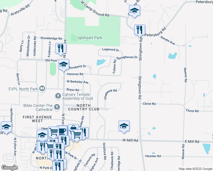map of restaurants, bars, coffee shops, grocery stores, and more near 300 West Berkeley Avenue in Evansville
