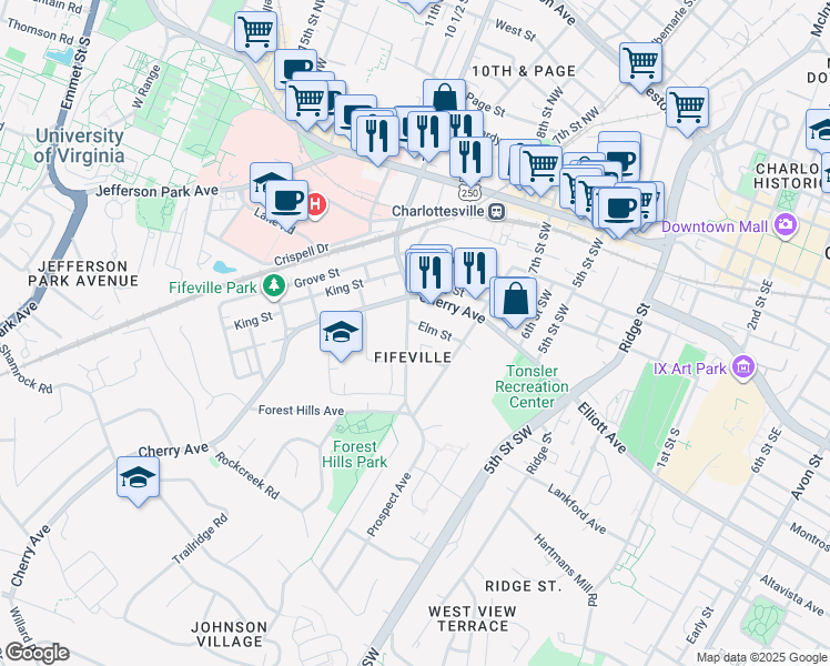 map of restaurants, bars, coffee shops, grocery stores, and more near 800 Elm Street in Charlottesville