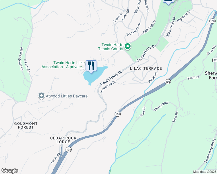 map of restaurants, bars, coffee shops, grocery stores, and more near 22369 Ponderosa Drive in Twain Harte
