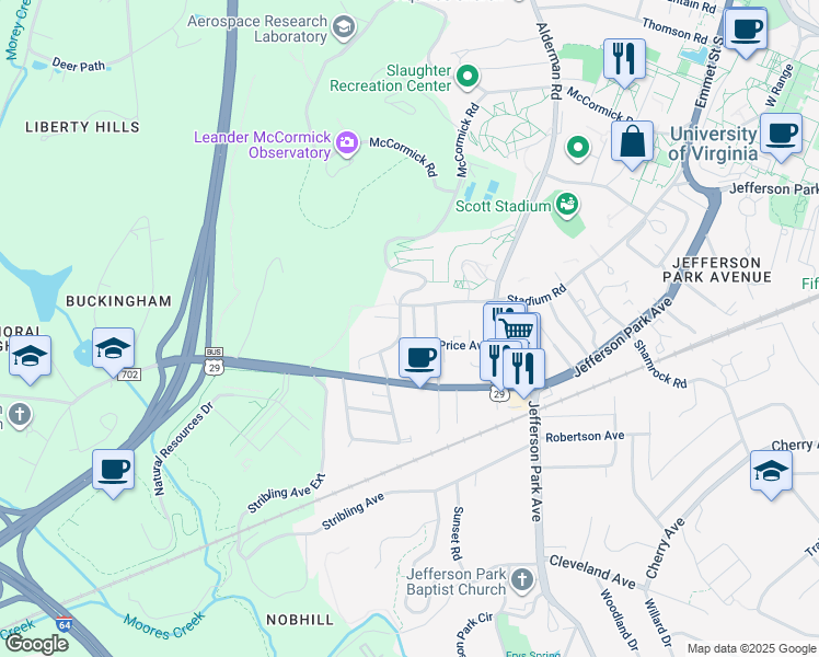 map of restaurants, bars, coffee shops, grocery stores, and more near 115 Apple Tree Road in Charlottesville