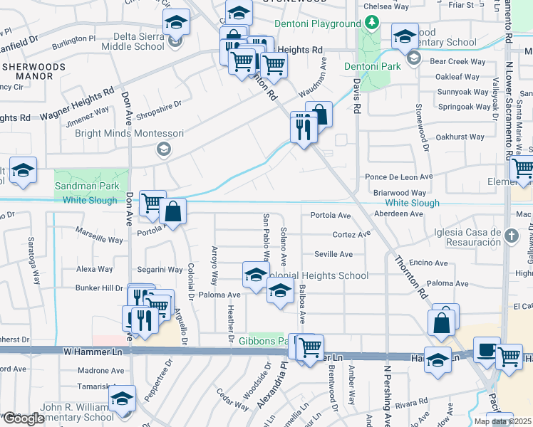 map of restaurants, bars, coffee shops, grocery stores, and more near 8598 San Pablo Way in Stockton