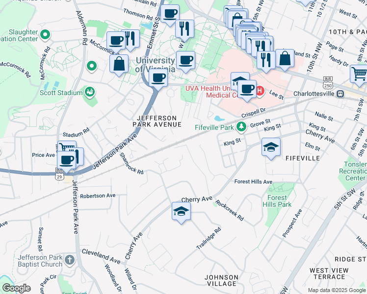 map of restaurants, bars, coffee shops, grocery stores, and more near 301 Valley Road Extension in Charlottesville