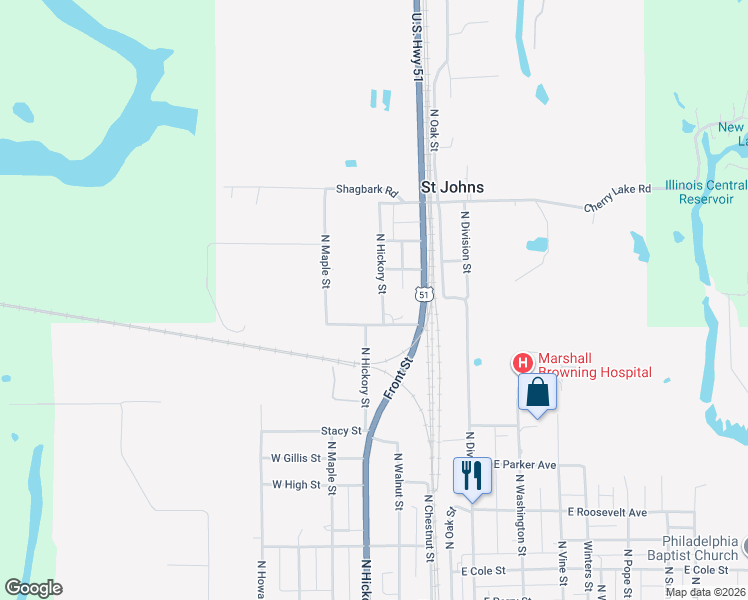 map of restaurants, bars, coffee shops, grocery stores, and more near 1030 North Hickory Street in Du Quoin