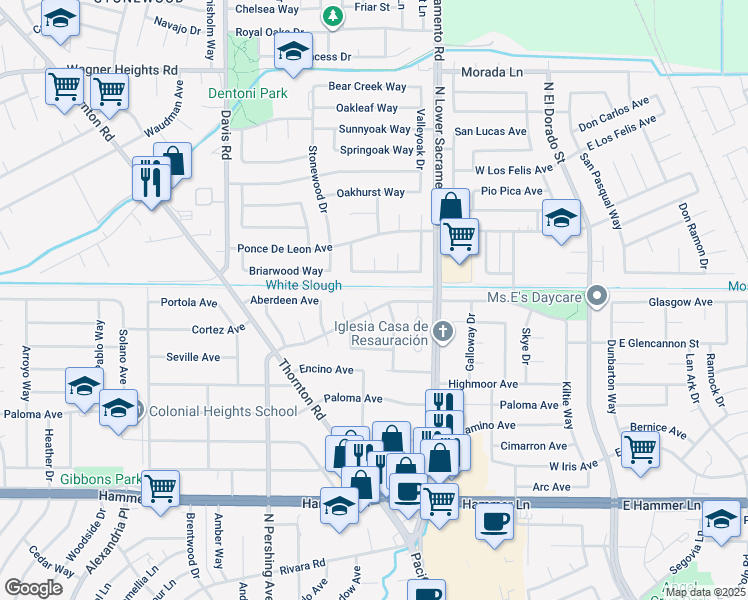 map of restaurants, bars, coffee shops, grocery stores, and more near 8510 Macduff Court in Stockton