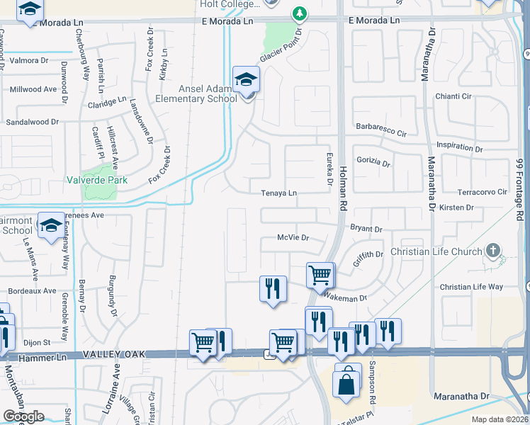 map of restaurants, bars, coffee shops, grocery stores, and more near 8621 Leadon Drive in Stockton