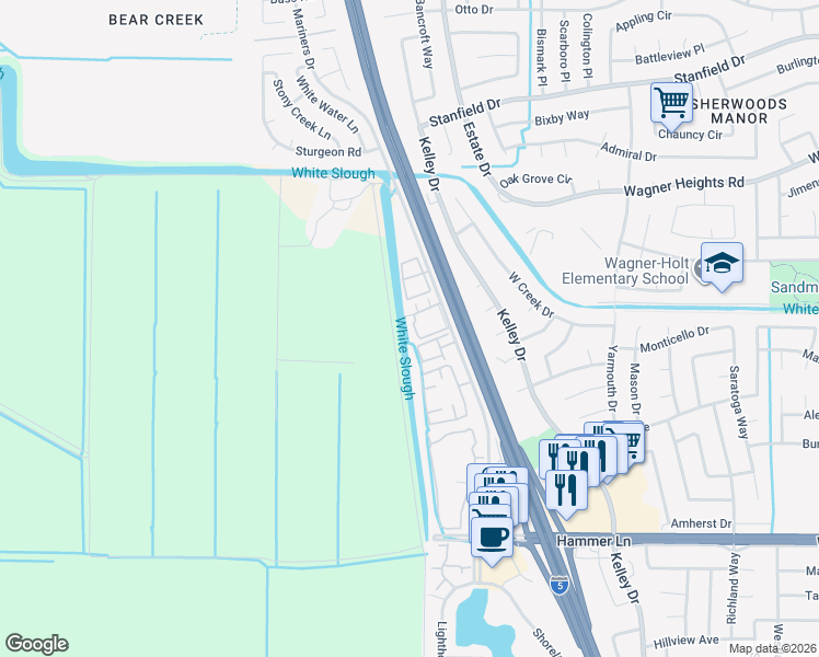 map of restaurants, bars, coffee shops, grocery stores, and more near 8531 Mariners Drive in Stockton