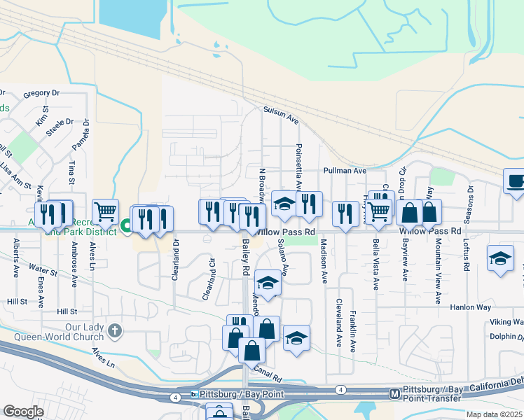 map of restaurants, bars, coffee shops, grocery stores, and more near 38 North Broadway Avenue in Bay Point
