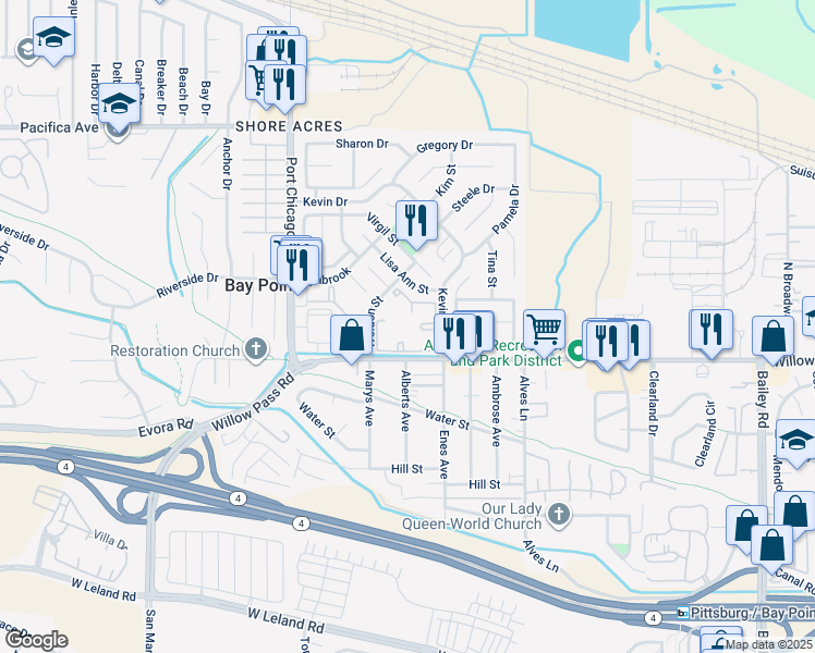 map of restaurants, bars, coffee shops, grocery stores, and more near 1123 Shoreview Court in Bay Point