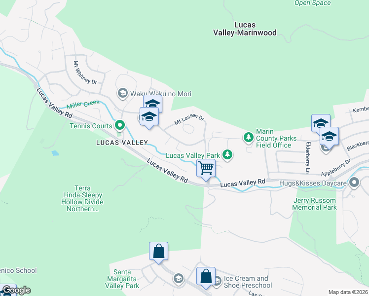 map of restaurants, bars, coffee shops, grocery stores, and more near 1 Mount Susitna Court in San Rafael