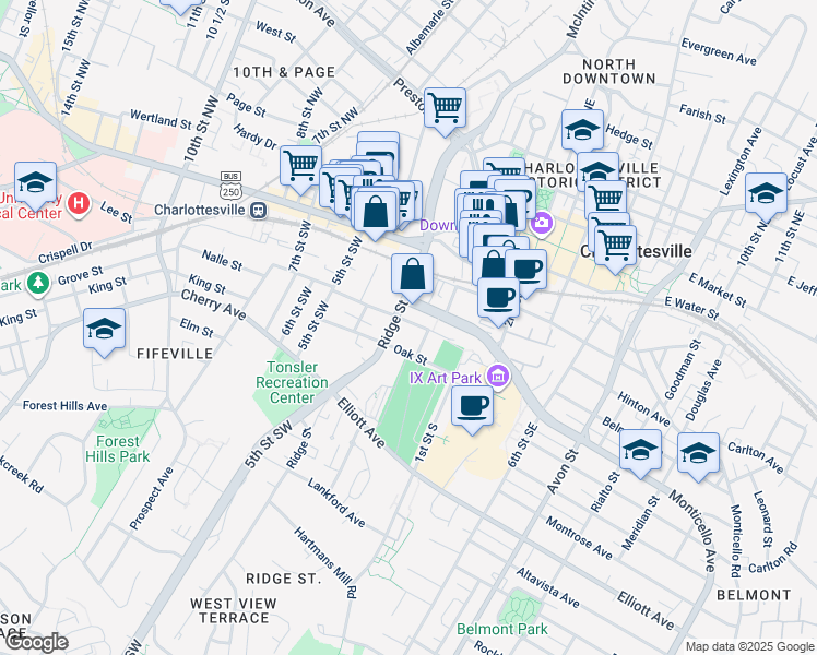 map of restaurants, bars, coffee shops, grocery stores, and more near 207 Dice Street in Charlottesville