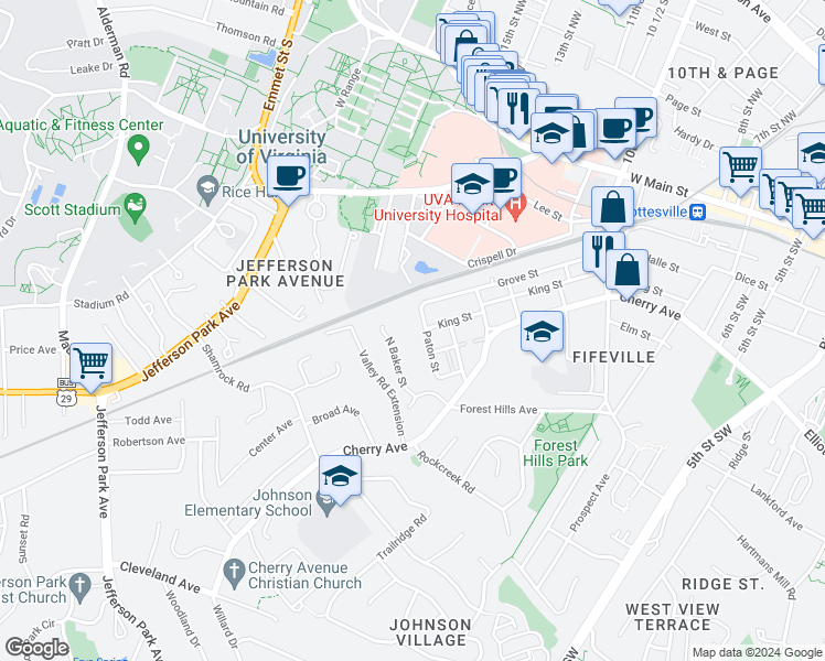 map of restaurants, bars, coffee shops, grocery stores, and more near 305 Paton Street in Charlottesville