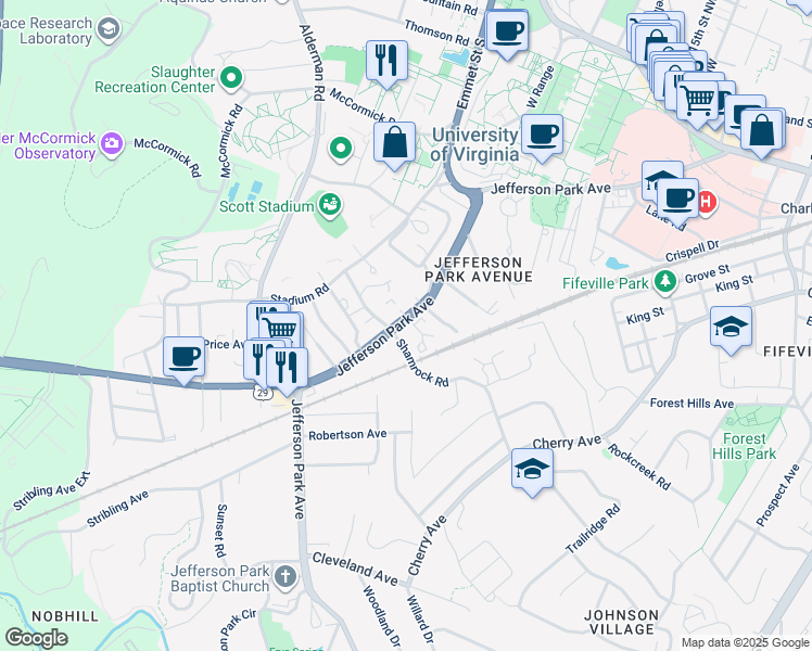 map of restaurants, bars, coffee shops, grocery stores, and more near 102 Carrollton Terrace in Charlottesville