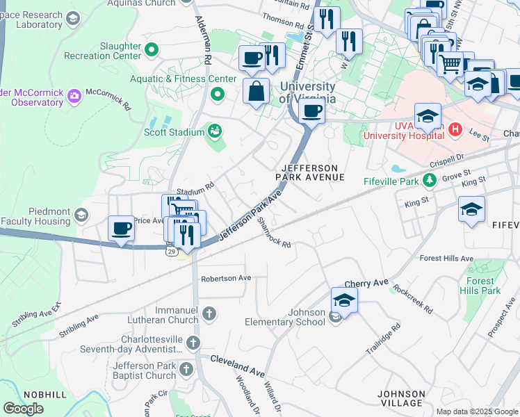 map of restaurants, bars, coffee shops, grocery stores, and more near in Charlottesville