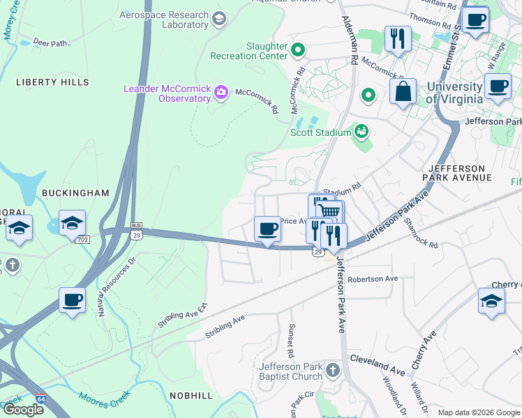 map of restaurants, bars, coffee shops, grocery stores, and more near 137 Mimosa Court in Charlottesville