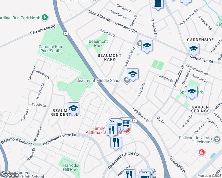 map of restaurants, bars, coffee shops, grocery stores, and more near 2135 Georgian Way in Lexington