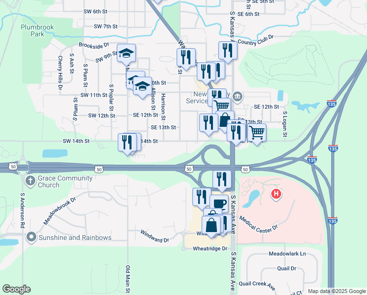 map of restaurants, bars, coffee shops, grocery stores, and more near 401-499 Southeast 14th Street in Newton