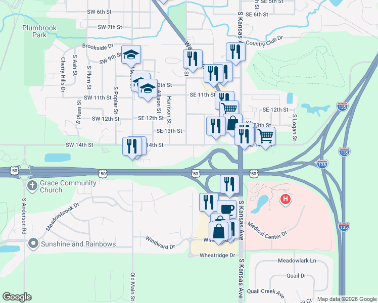 map of restaurants, bars, coffee shops, grocery stores, and more near 401-499 Southeast 14th Street in Newton