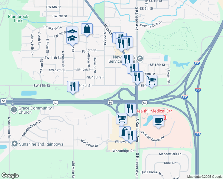 map of restaurants, bars, coffee shops, grocery stores, and more near 401-499 Southeast 14th Street in Newton