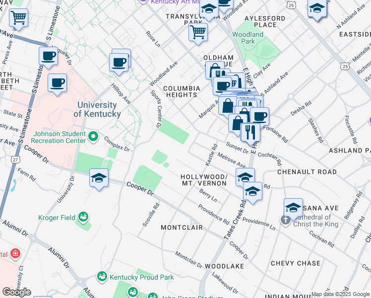 map of restaurants, bars, coffee shops, grocery stores, and more near 637 Beaumont Avenue in Lexington