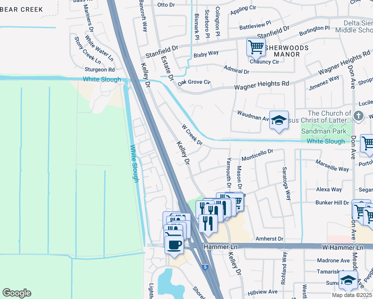 map of restaurants, bars, coffee shops, grocery stores, and more near 8616 Kelley Drive in Stockton