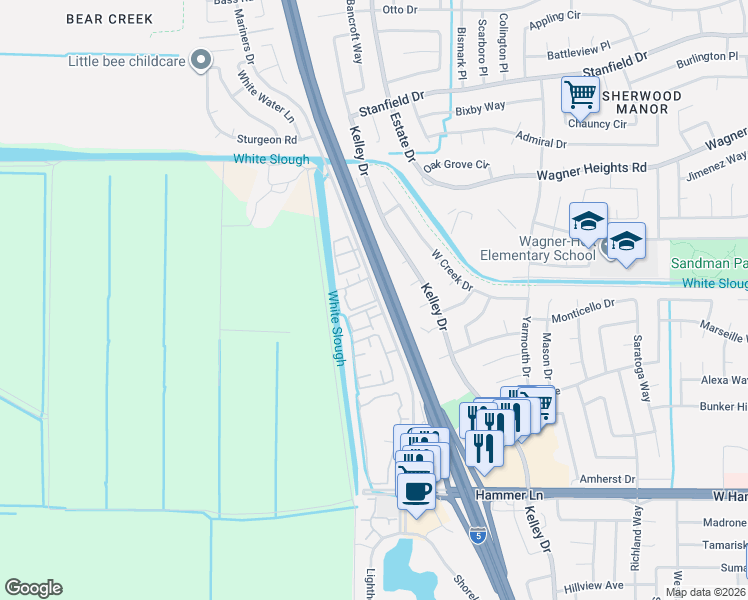map of restaurants, bars, coffee shops, grocery stores, and more near 8531 Mariners Drive in Stockton