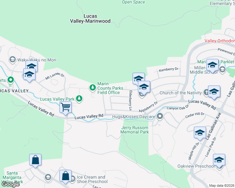 map of restaurants, bars, coffee shops, grocery stores, and more near 838 Greenberry Lane in San Rafael