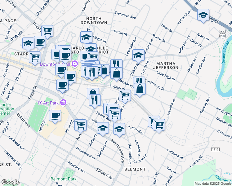 map of restaurants, bars, coffee shops, grocery stores, and more near 100 Avon Street in Charlottesville