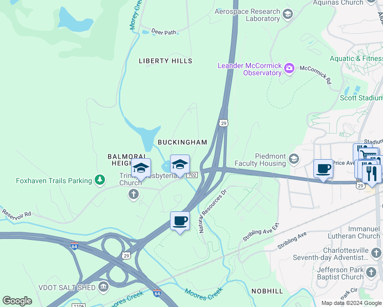 map of restaurants, bars, coffee shops, grocery stores, and more near 107 Buckingham Circle in Charlottesville