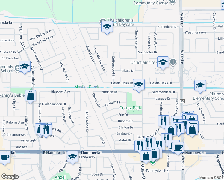 map of restaurants, bars, coffee shops, grocery stores, and more near 709 Hudson Drive in Stockton