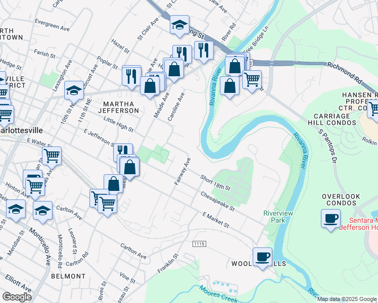 map of restaurants, bars, coffee shops, grocery stores, and more near 402 Fairway Avenue in Charlottesville