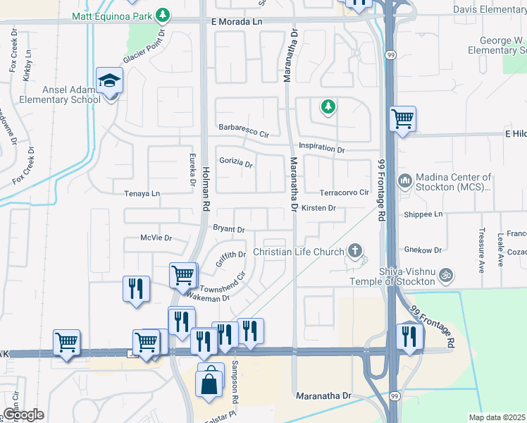 map of restaurants, bars, coffee shops, grocery stores, and more near 8635 Lott Street in Stockton