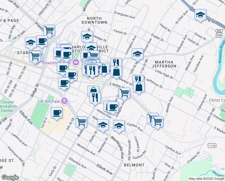 map of restaurants, bars, coffee shops, grocery stores, and more near 100 Avon Street in Charlottesville