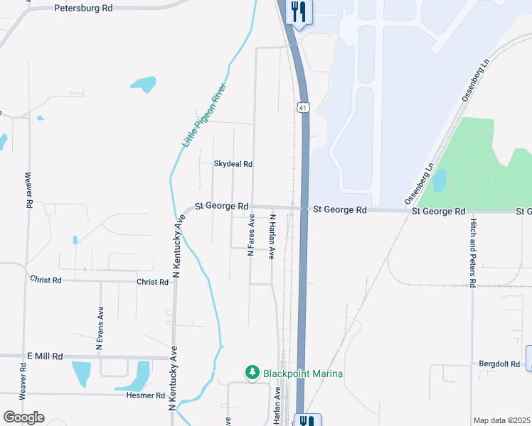 map of restaurants, bars, coffee shops, grocery stores, and more near 1211 Saint George Road in Evansville