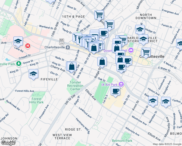 map of restaurants, bars, coffee shops, grocery stores, and more near 416-418 4th Street Southwest in Charlottesville