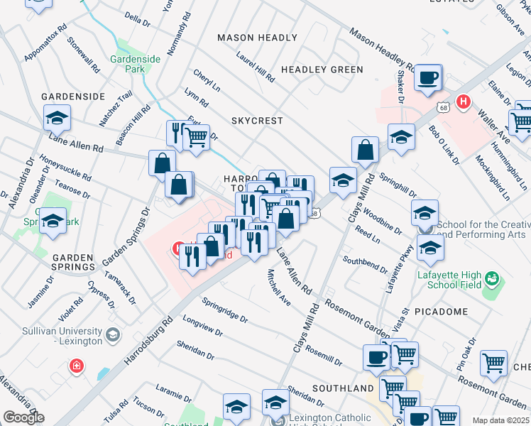 map of restaurants, bars, coffee shops, grocery stores, and more near 746 Allendale Drive in Lexington