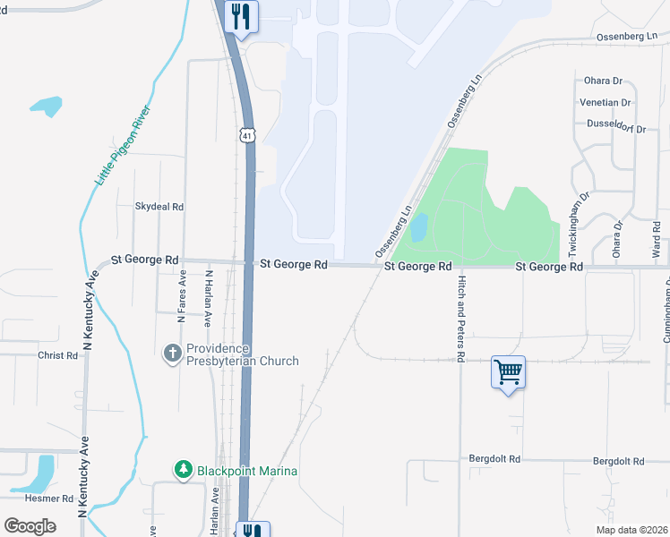 map of restaurants, bars, coffee shops, grocery stores, and more near 1485-1757 Saint George Road in Evansville
