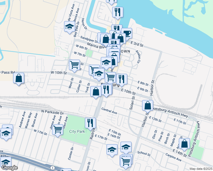 map of restaurants, bars, coffee shops, grocery stores, and more near Railroad Ave & E 10th St in Pittsburg