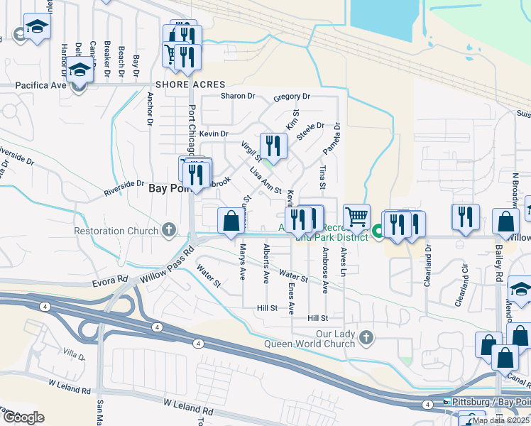 map of restaurants, bars, coffee shops, grocery stores, and more near 1123 Shoreview Court in Bay Point