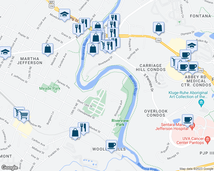 map of restaurants, bars, coffee shops, grocery stores, and more near 106 Riverbluff Cir in Charlottesville