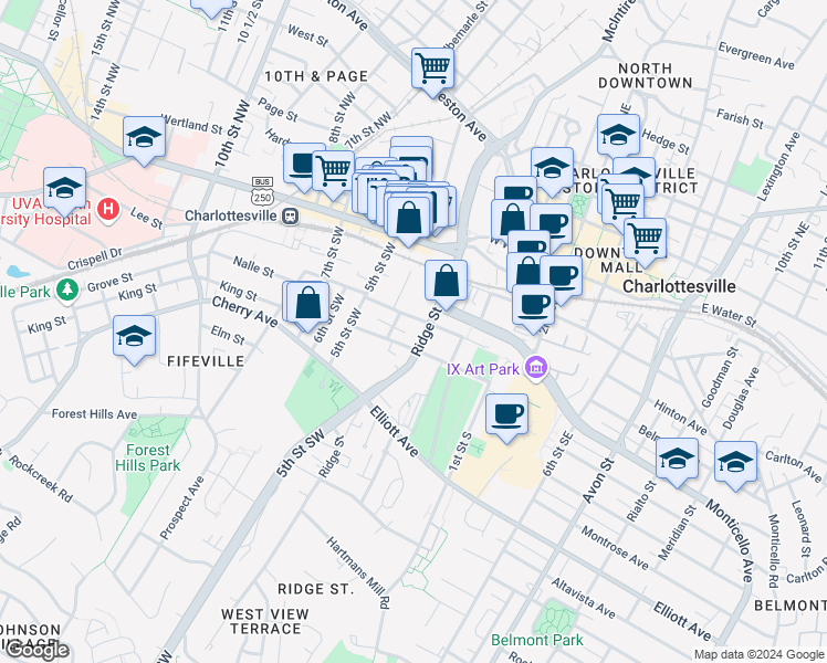 map of restaurants, bars, coffee shops, grocery stores, and more near 416-418 4th Street Southwest in Charlottesville